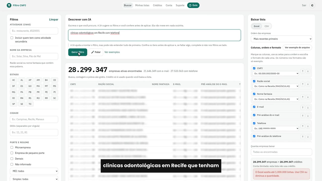 Filtro CNPJ: filtros por ramo, cidade e porte com a contagem de empresas na hora